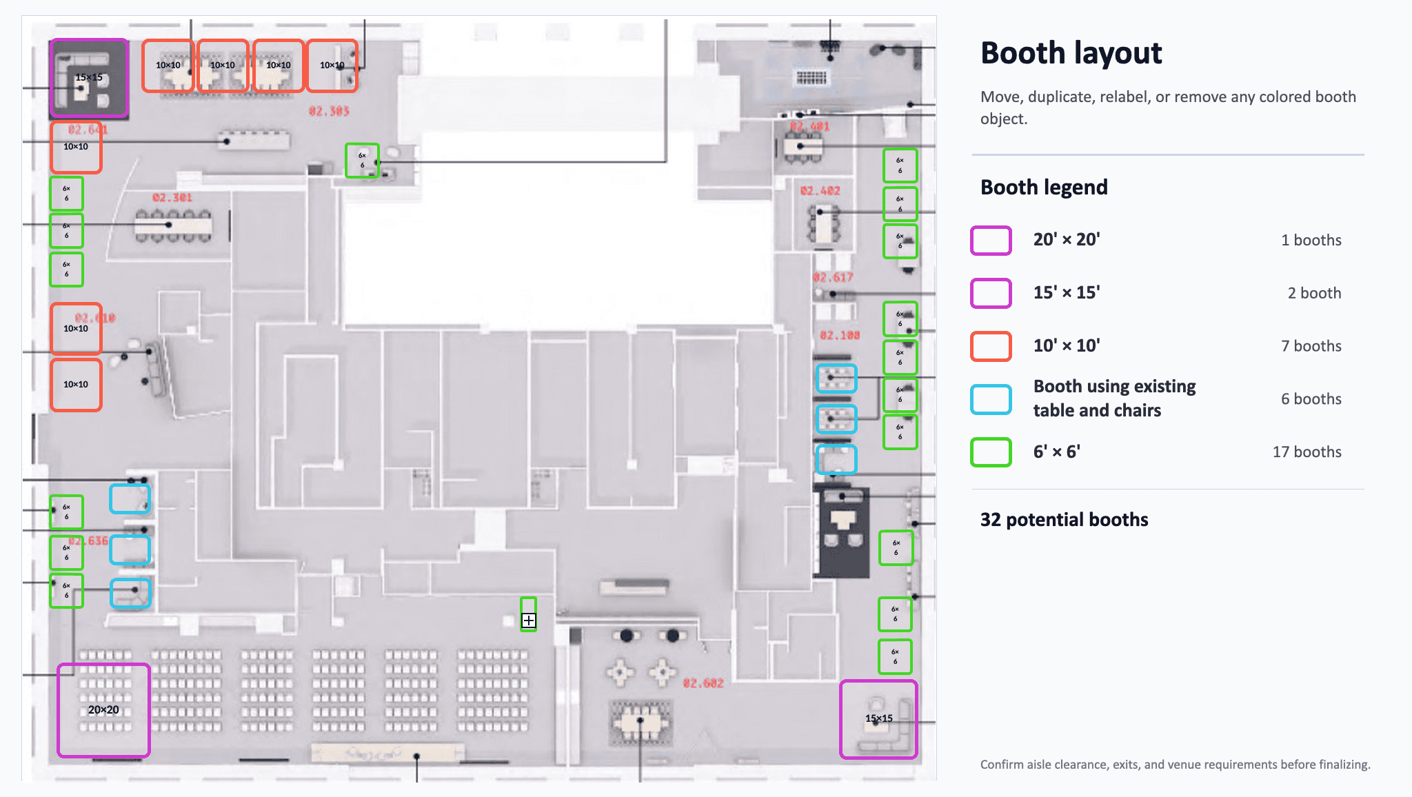 Conference floor plan showing the available booth placements and booth-size legend